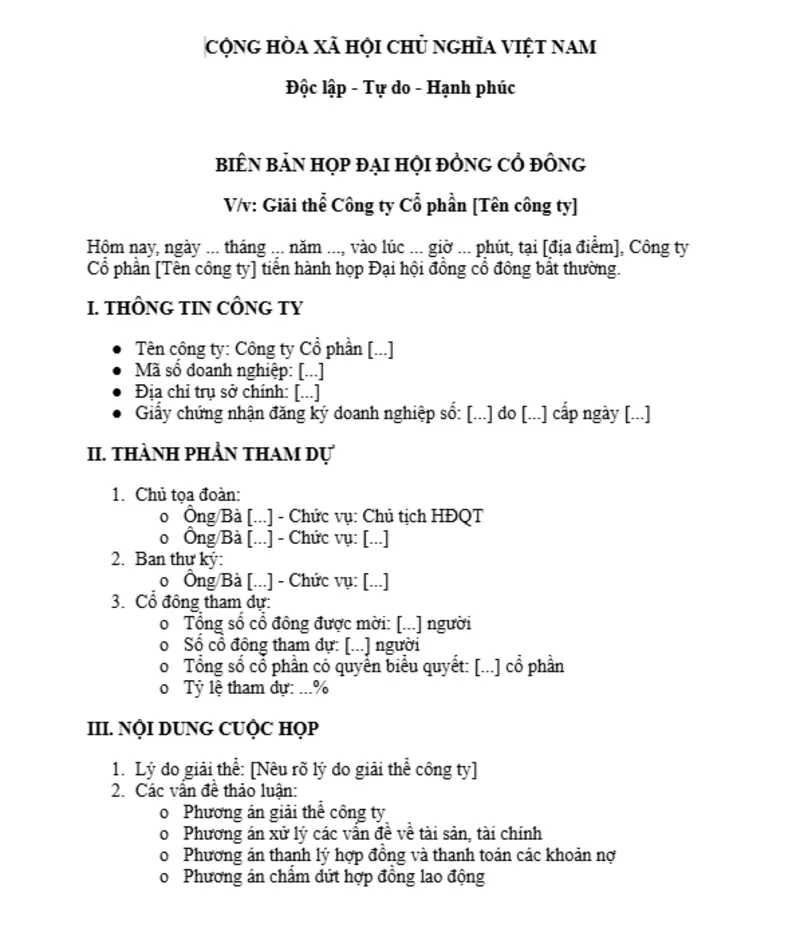 Biên bản họp giải thể công ty cổ phần là văn bản ghi nhận ý kiến của cổ đông