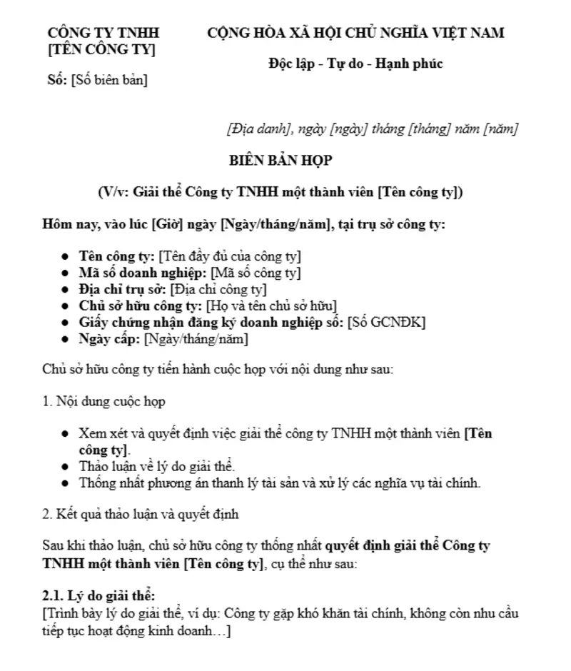 Chủ sở hữu công ty TNHH một thành viên cũng cần lập biên bản họp khi giải thể
