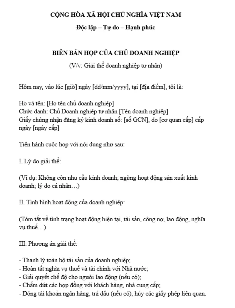 Nội dung biên bản họp cần thể hiện đầy đủ, cụ thể về Nghị quyết/Quyết định giải thể doanh nghiệp