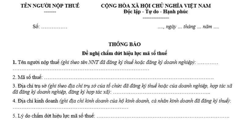 Mẫu thông báo đề nghị chấm dứt hiệu lực mã số thuế
