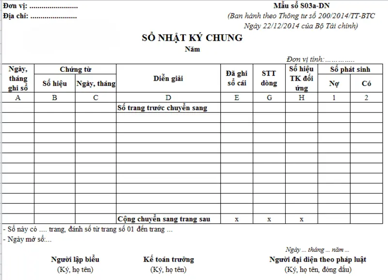 Mẫu ghi sổ nhật ký chung đầy đủ theo quy định pháp luật