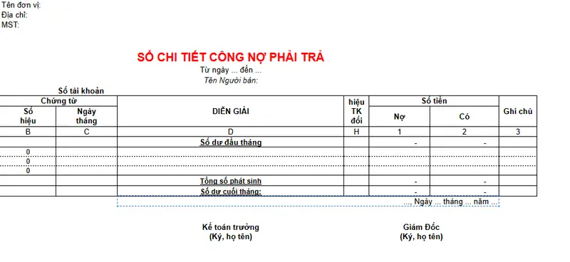 Mẫu sổ sách kế toán công nợ phải trả trên Excel