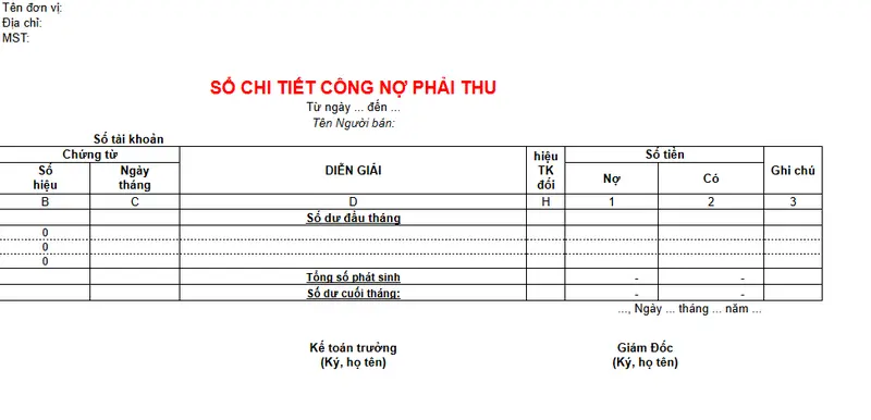 Mẫu sổ sách kế toán công nợ phải thu trên Excel