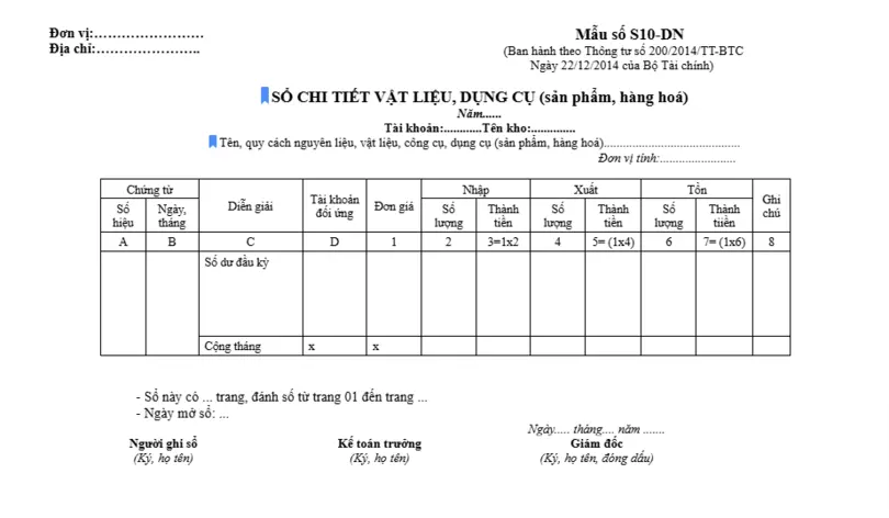 Mẫu sổ sách kế toán nguyên vật liệu theo Thông tư 200