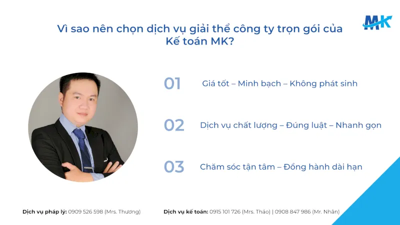 Dịch vụ giải thể công ty trọn gói tại Kế toán MK uy tín, minh bạch chi phí, đúng luật và hỗ trợ tận tình.