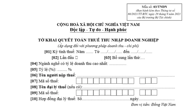 Mẫu tờ khai quyết toán thuế thu nhập doanh nghiệp 03/TNDN