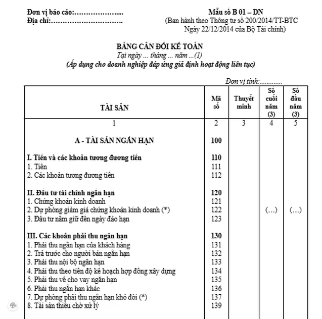 Bảng mẫu cân đối kế toán áp dụng cho doanh nghiệp đáp ứng giả định hoạt động liên tục