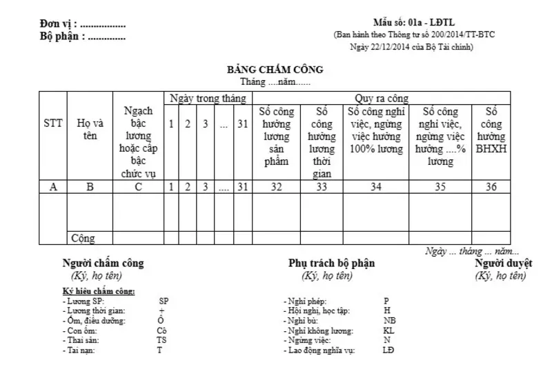 Mẫu bảng chấm công chuẩn cho doanh nghiệp
