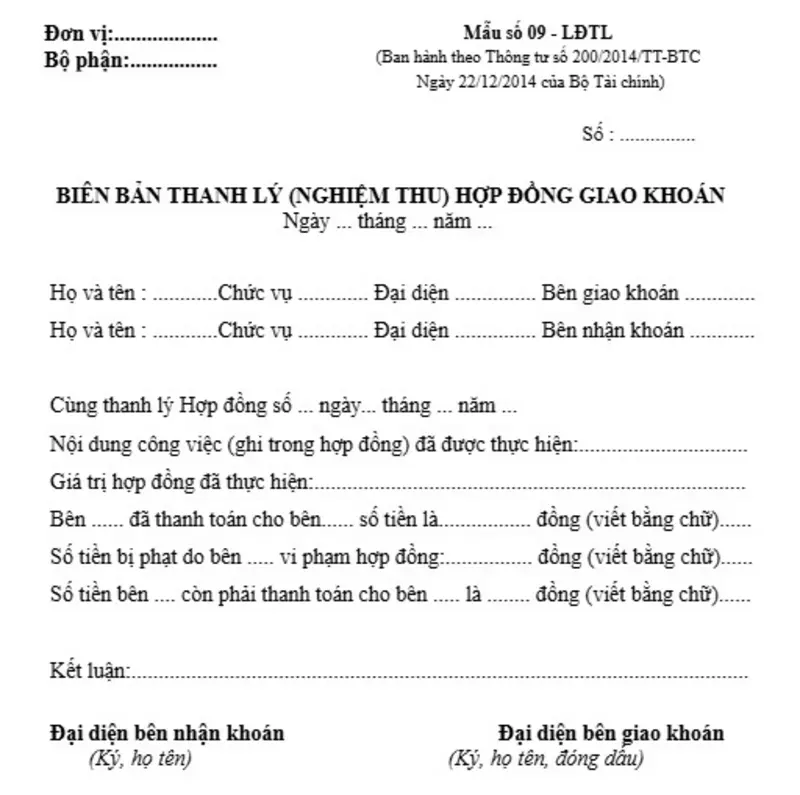 Mẫu biên bản thanh lý hợp đồng giao khoán