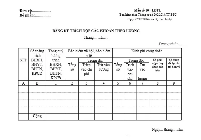 Mẫu bảng kê trích nộp các khoản theo lương