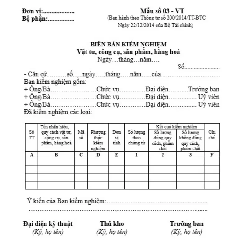 Mẫu biên bản kiểm nghiệm vật tư, công cụ, sản phẩm, hàng hoá