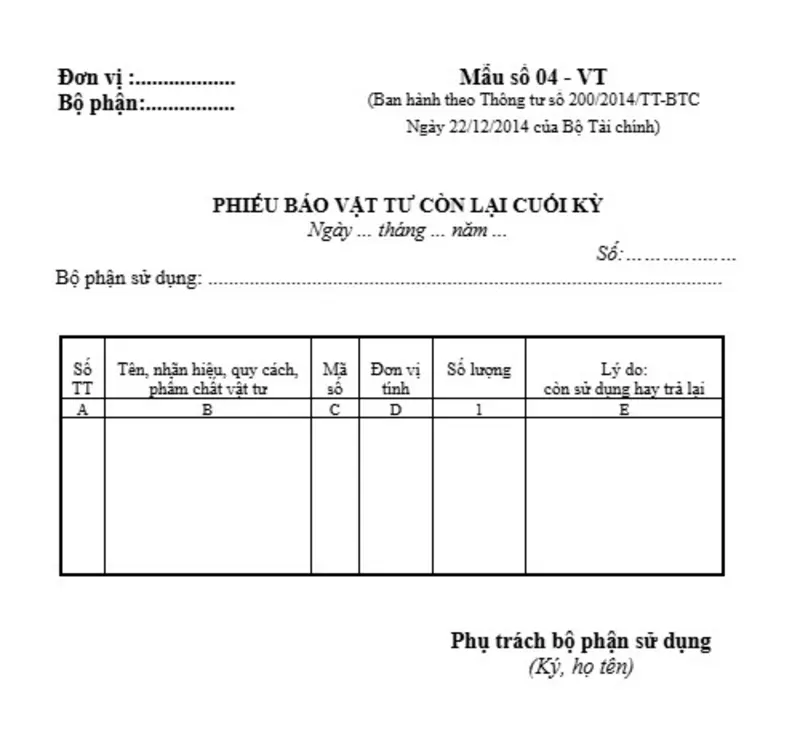 Mẫu phiếu báo vật tư còn lại cuối kỳ