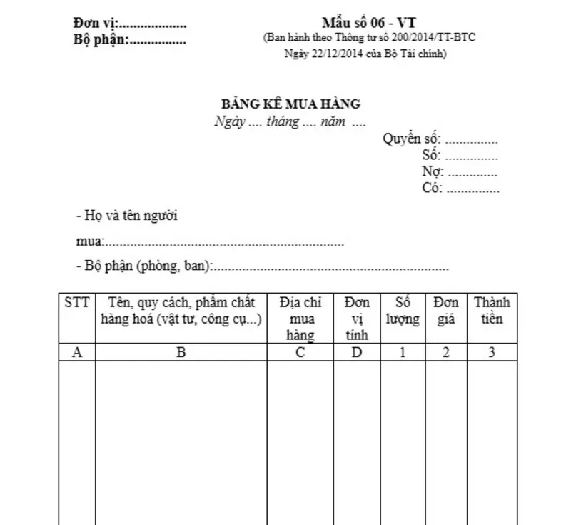 Mẫu bảng kê mua hàng hoá đúng chuẩn