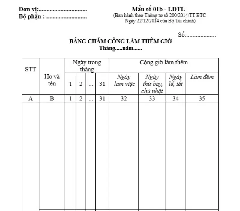 Mẫu bảng chấm công làm thêm giờ