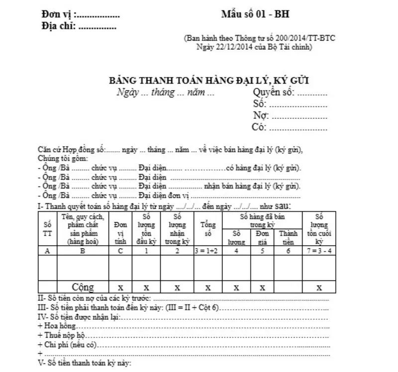 Mẫu bảng thanh toán hàng đại lý, ký gửi