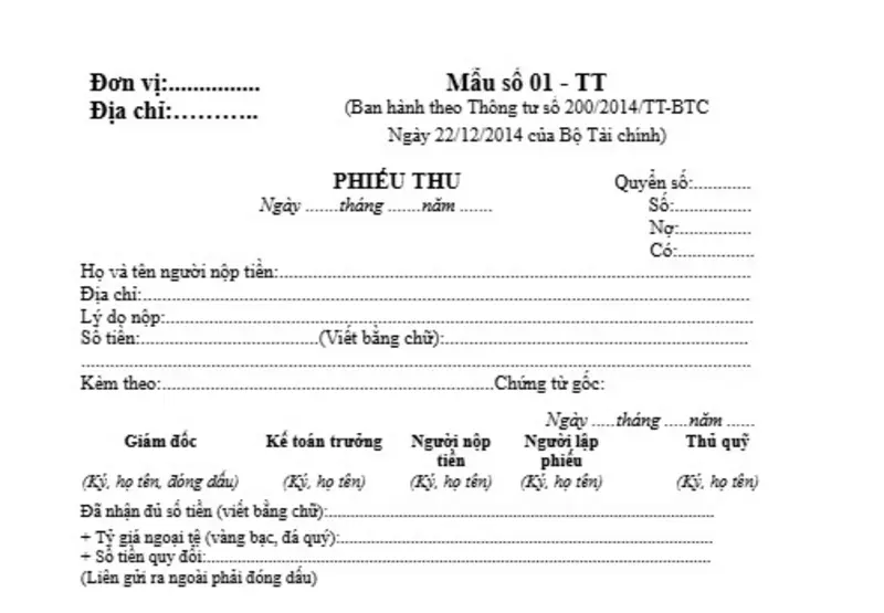 Mẫu phiếu thu cho doanh nghiệp