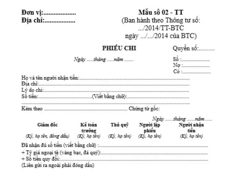 Mẫu phiếu chi cho doanh nghiệp