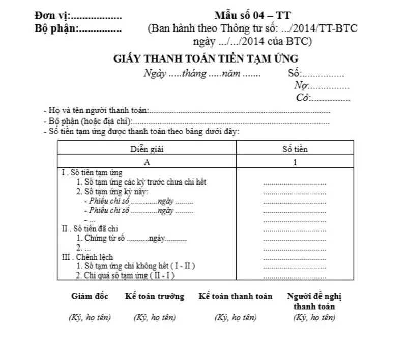 Mẫu giấy thanh toán tiền tạm ứng