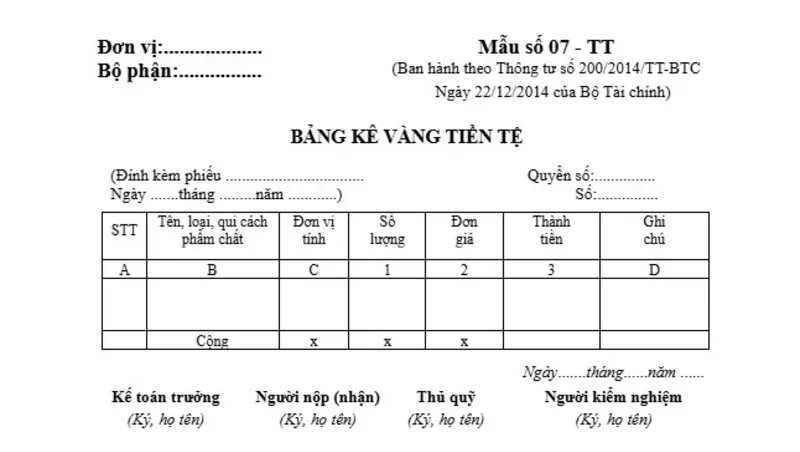 Mẫu bảng kê vàng tiền tệ