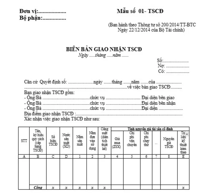 Mẫu biên bản giao nhận tài sản cố định