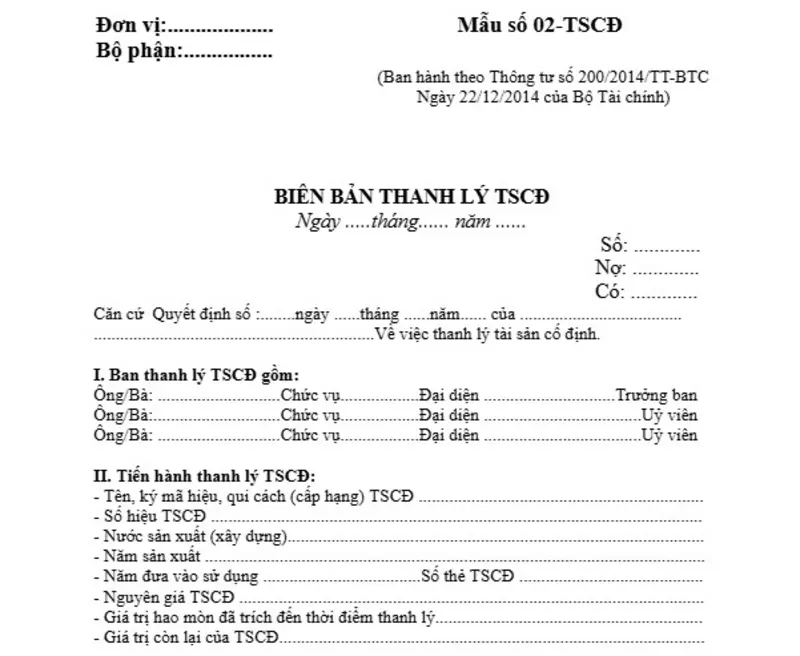 Mẫu biên bản thanh lý tài sản cố định