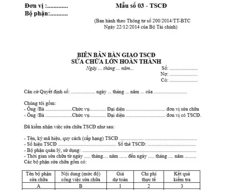 Mẫu biên bản bàn giao tài sản cố định sửa chữa lớn hoàn thành