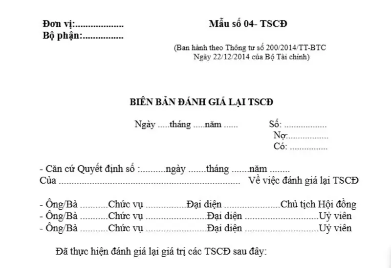 Mẫu biên bản đánh giá lại tài sản cố định