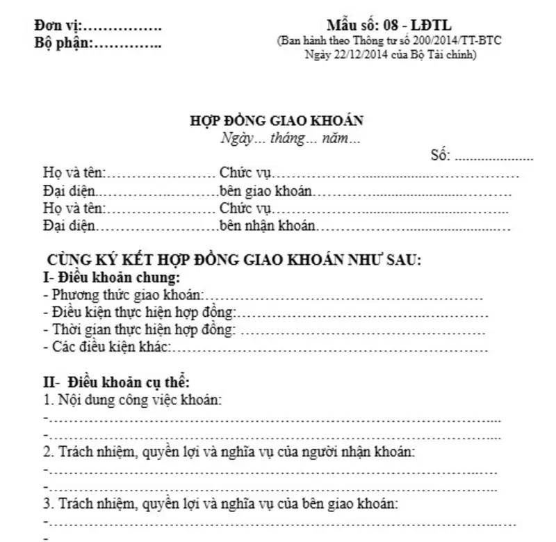 Mẫu hợp đồng giao khoán mới nhất