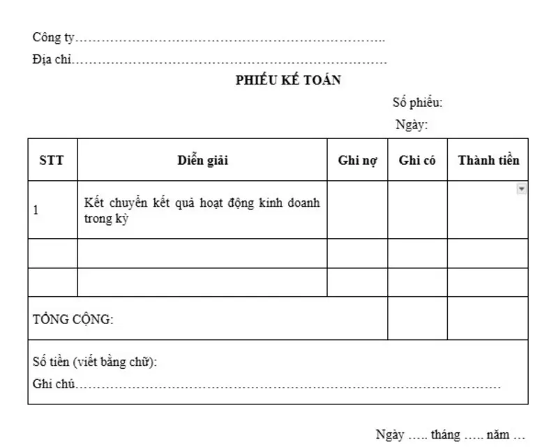 Mẫu phiếu kế toán kết chuyển cập nhật