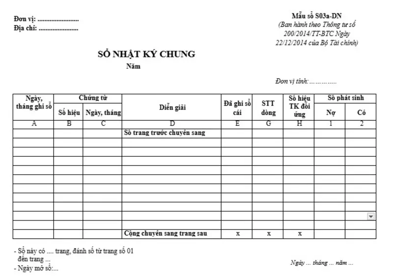 Mẫu sổ Nhật ký chung theo Thông tư 200