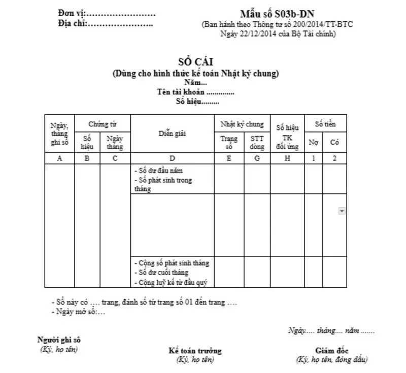 Mẫu sổ Cái dùng cho hình thức Nhật ký chung