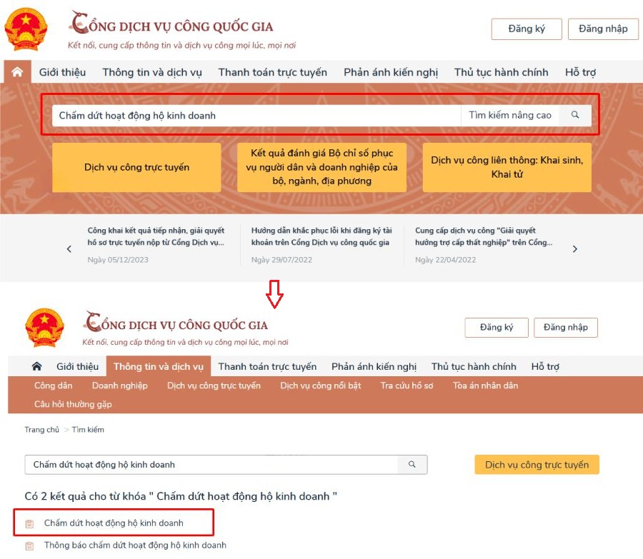 Tìm và chọn thủ tục “Giải thể hộ kinh doanh” trong danh mục các thủ tục hành chính