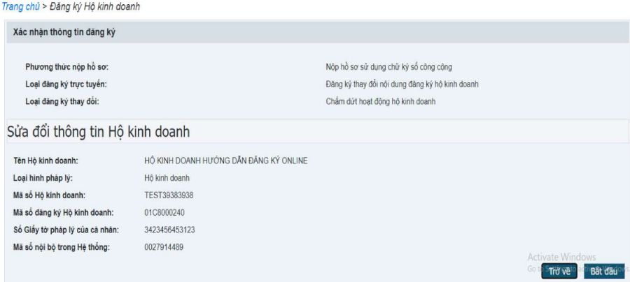 Bước 6: Hệ thống sẽ hiển thị màn hình xác nhận thông tin giải thể hộ kinh doanh