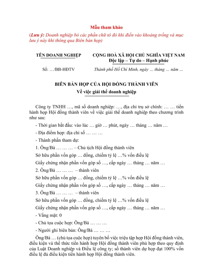 Mẫu biên bản họp giải thể công ty TNHH 2 thành viên