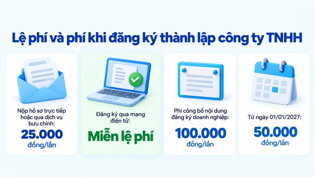 Infographic 4 mức lệ phí, phí thành lập công ty TNHH cần những gì