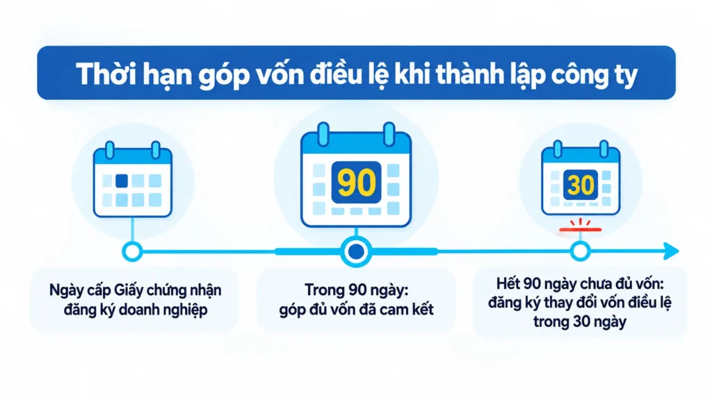 Infographic 3 mốc thời hạn góp vốn và những rủi ro khi thành lập công ty