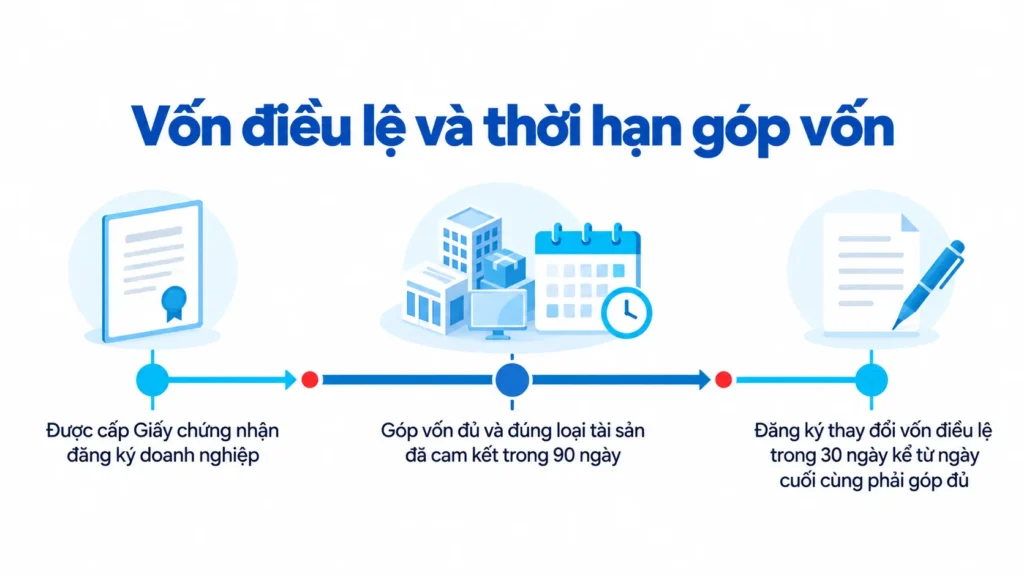 Infographic 3 mốc góp vốn theo điều kiện thành lập công ty TNHH